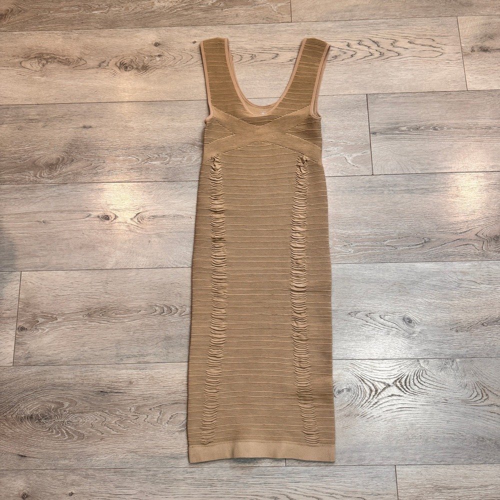 Aura Bodycon Ribbed Sleeveless Dress Tan Neutral Casual Chic Size Small S